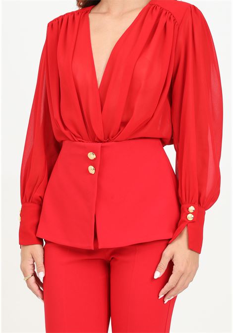 Tuta elegante rossa da donna in crêpe con blusa in georgette e baschina ELISABETTA FRANCHI | TU00847E2CG5